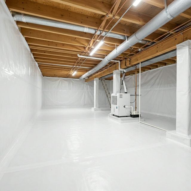 A sealed and dehumidified Hampton Roads crawl space, with the liner run up the foundation walls and across the ground and the floor framing lit overhead