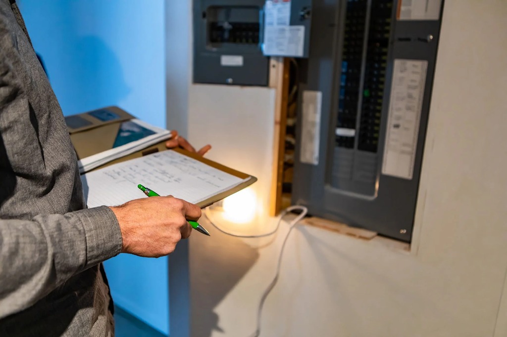 Inspector writing moisture readings onto a clipboard beside an electrical panel inside a home