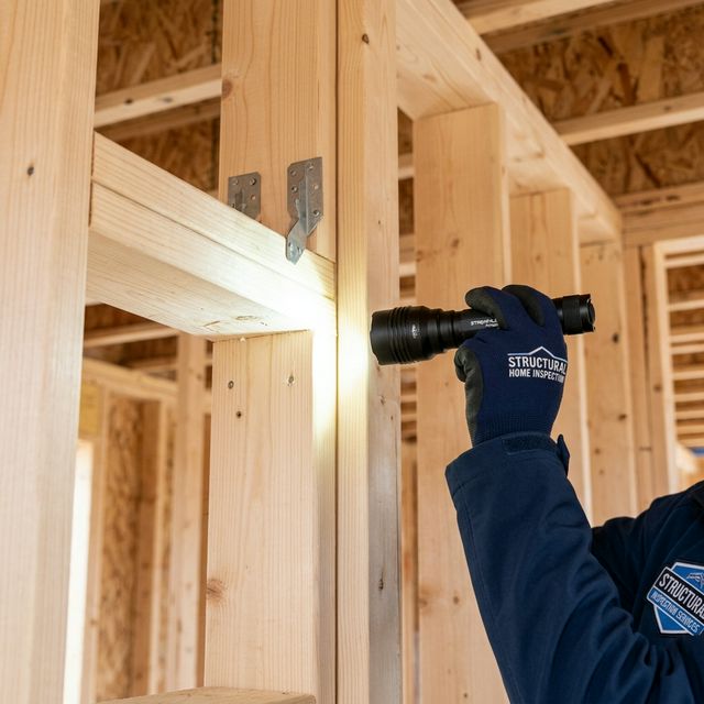 Gloved inspector raking a hand light across framing lumber where a beam meets a post beside a metal connector plate